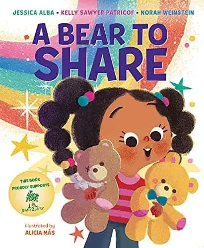 A bear to share children's book cover with a girl holding two teddy bears, colorful rainbow backgrou.