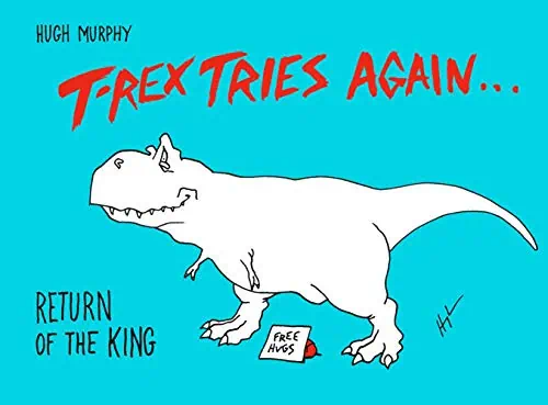 Humorous T-Rex illustration from "Return of the King" with a cozy wool blanket, playful dinosaur art.
