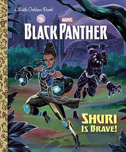 Shuri is Brave! Little Golden Book cover with Shuri and Black Panther in a jungle setting at night.