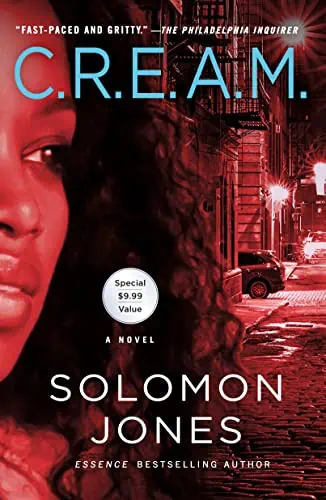 A vibrant close-up of a woman's face with an urban cityscape background at night.