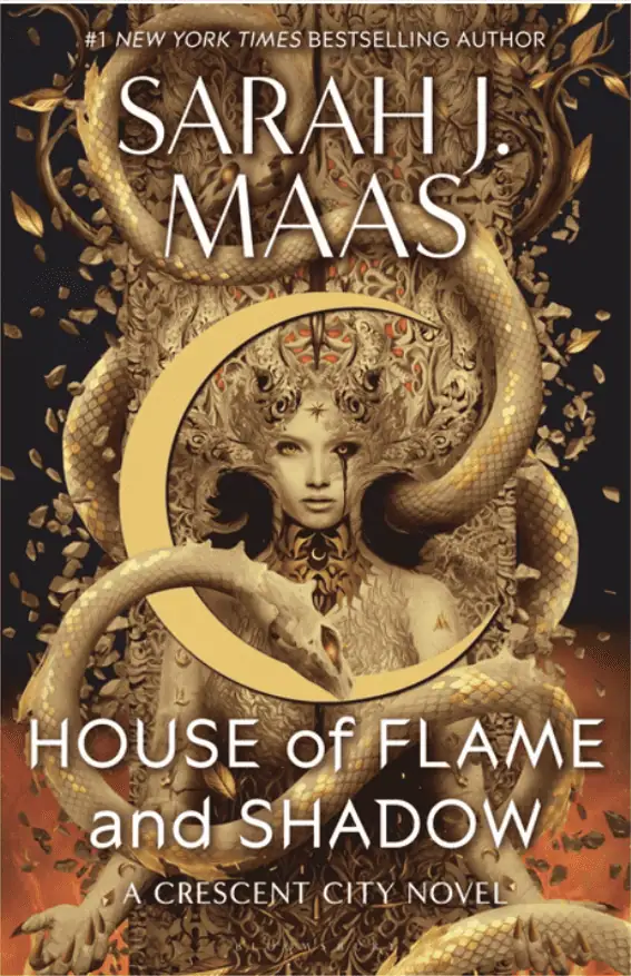 Intricate fantasy cover with a woman, serpents, and fiery elements from "House of Flame and Shadow".
