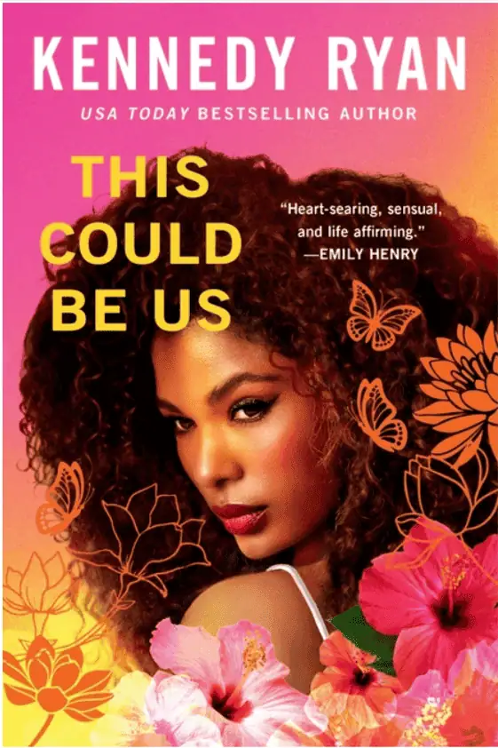 A vibrant image featuring a woman with curly hair surrounded by tropical flowers, emphasizing themes.