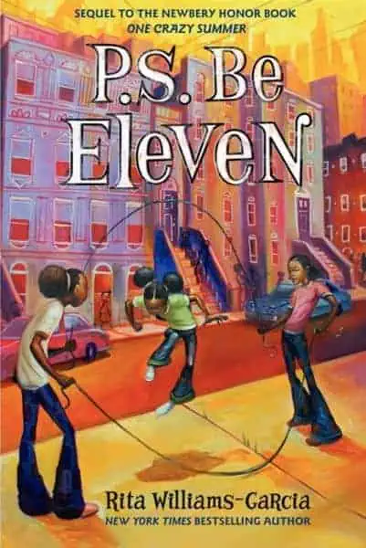 A colorful illustration of children playing jump rope in front of a vibrant cityscape.