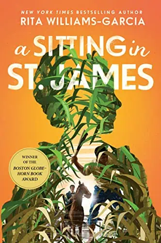 A Sitting in St. James book cover with lush green foliage and a horse, highlighting themes of nature.