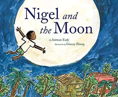 Child flying towards the moon with tropical trees and houses below, in a colorful illustration.