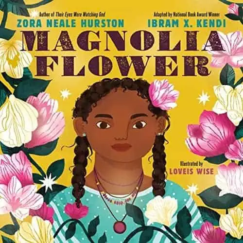 A colorful illustration of a young girl with dark curly hair adorned with a pink magnolia flower, su.