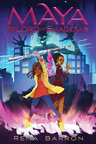 A colorful illustration of Maya and her friend confronting a shadowy villain in a cityscape.