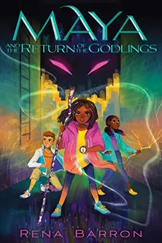Maya and the Return of the Godlings book cover with three young characters in a vibrant, mystical ci.