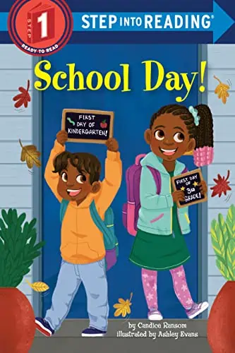 Brightly colored school entrance with smiling children holding chalkboards, celebrating the first da.