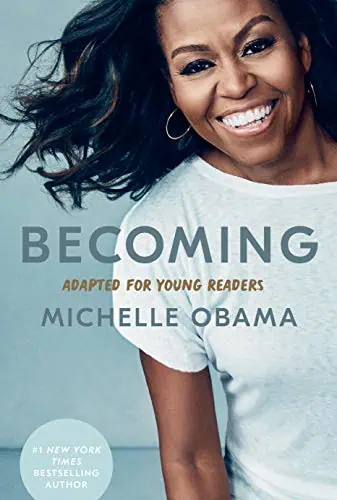 A woman smiling confidently, promoting "Becoming" by Michelle Obama for young readers.