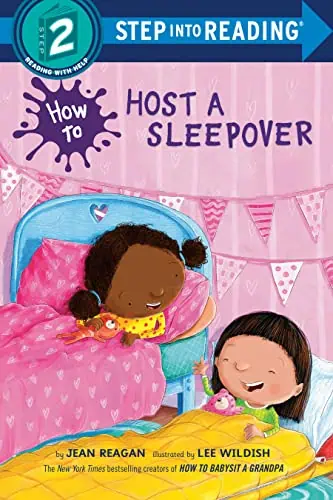 Cozy sleepover scene with children on a pink bed, colorful decorations, and plush toys.
