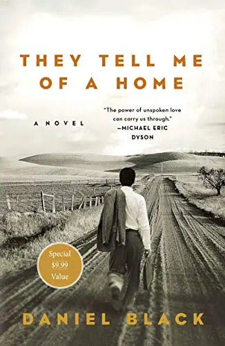 Man walking on rural dirt road with open landscape and cloudy sky, book cover design.