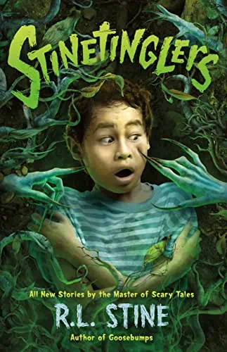 A lush, mysterious forest scene with a surprised boy surrounded by green vines and tentacles, inspir.