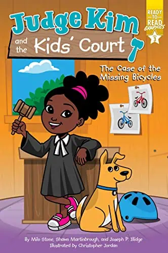 Bright illustration of a young girl with a dog, holding a gavel, with bicycles on the wall, for chil.