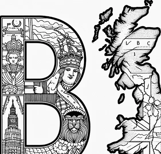 Brass & Wool Alphabet Coloring Page featuring the letter B with iconic landmarks and cultural symbol.