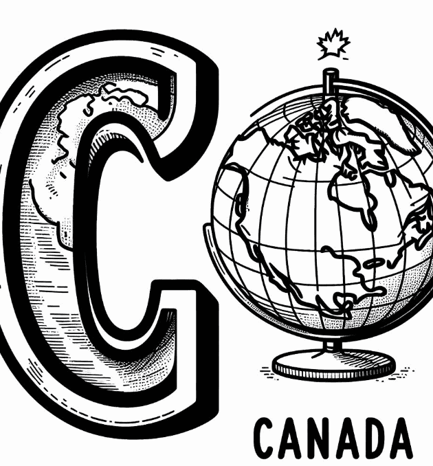 Large letter C with a globe showing Canada and the world, emphasizing geography and the letter's sha.