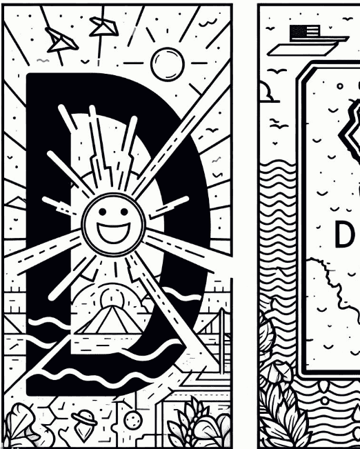Bright sun with a smiling face, beach scene, and letter D in a coloring page for geography and alpha.