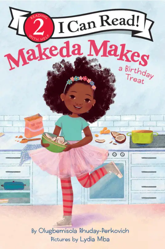 Girl baking a birthday treat in a colorful kitchen for Makeda's birthday celebration.