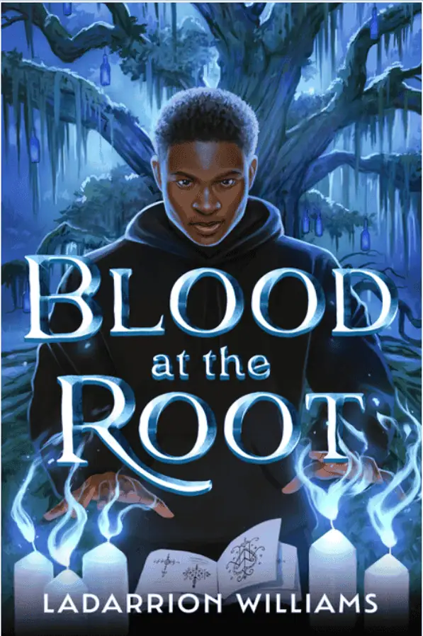 Young Black person with glowing magic in a mystical forest setting for "Blood at the Root" book cove.