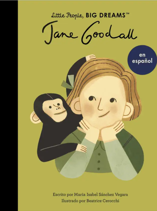 A colorful illustration of Jane Goodall with a chimpanzee, promoting the Little People, Big Dreams S.
