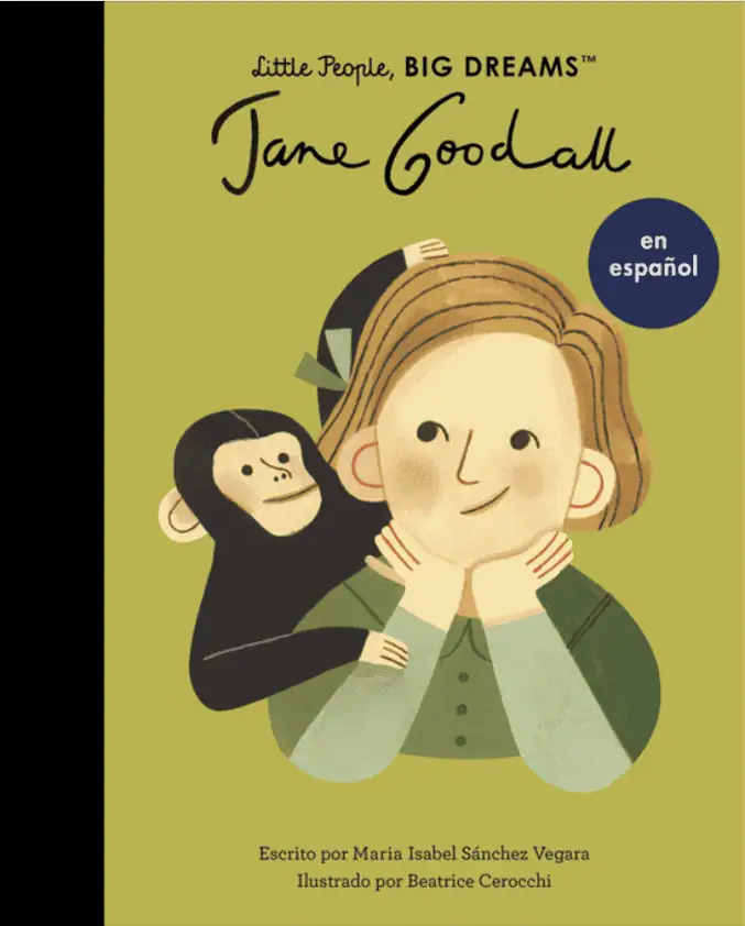 A colorful illustration of Jane Goodall with a chimpanzee, promoting the Little People, Big Dreams S.