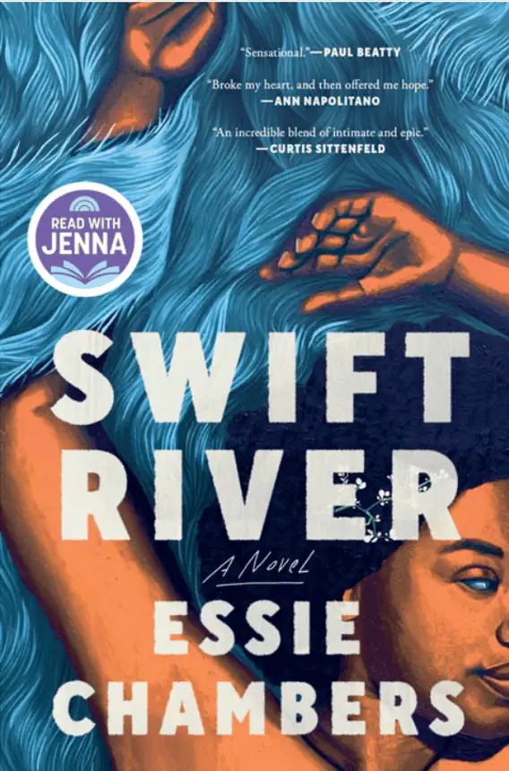 Swift River novel cover featuring a woman with flowing blue hair and hands in water, book by Essie C.