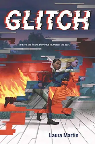 A glitch effect on two women running with a fiery background, emphasizing digital distortion and urg.