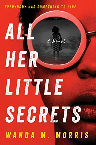 A woman with a magnifying glass revealing a silhouette of a girl, emphasizing mystery and secrets.