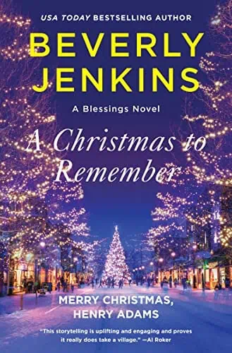 A Christmas to Remember book cover with festive holiday lights and decorated trees in a city street.