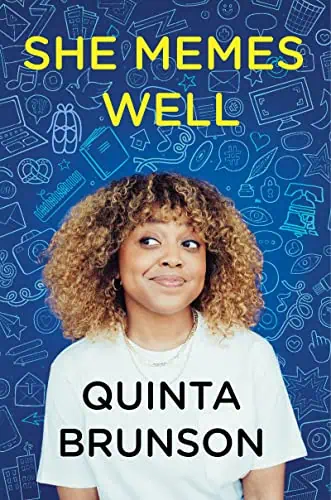A woman with curly hair smiling, promoting "She Memes Well" by Quinta Brunson.