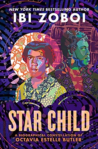 Portrait of Octavia Estelle Butler with vibrant, abstract background and cosmic motifs.
