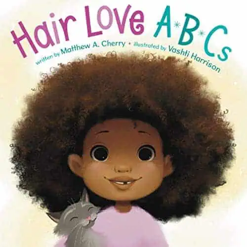 Braided hair with a smiling girl and a gray cat, colorful text "Hair Love ABCs" on a light backgroun.