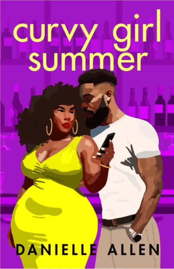 Curvy girl summer with stylish couple at bar, vibrant purple background, bold fashion.