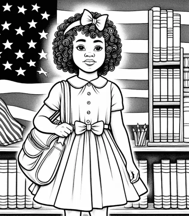 A colorful back-to-school coloring page featuring a young girl with a backpack in a library setting.