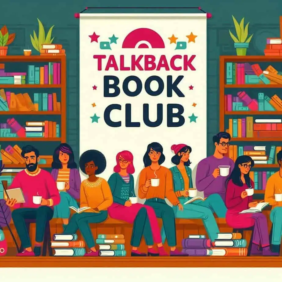 Join our book club with diverse readers enjoying books and coffee in a cozy library setting.