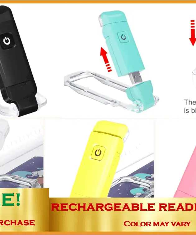 Black portable rechargeable reading light with LED indicator, compact design, ideal for travel and r.