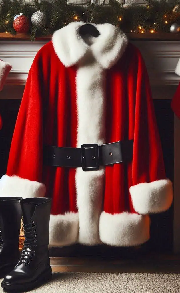 Santa Claus costume hanging on a fireplace with stockings, candles, and Christmas decorations in the.