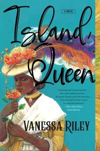 Island Queen book cover featuring a woman with a hat and flowers, vibrant colors, and tropical theme.