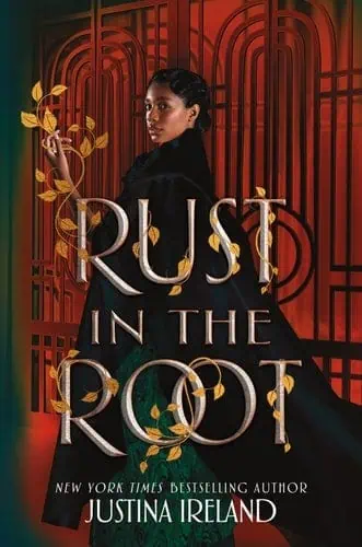 Rust in the Root book cover featuring a woman with dark hair against a red and black geometric backg.