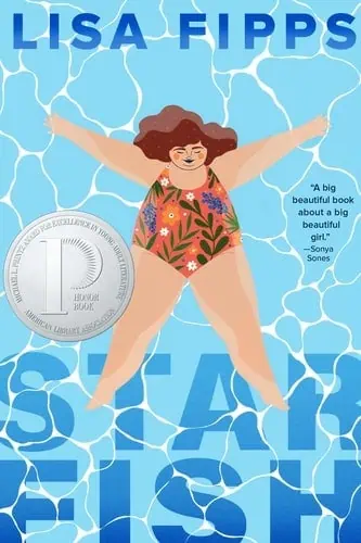 Bright starfish illustration with a woman in a floral swimsuit floating in a pool, vibrant blue back.