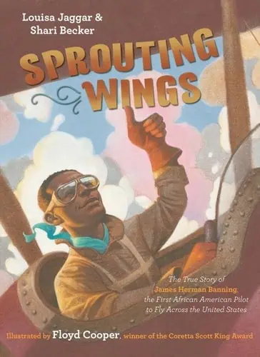Vintage illustration of James Herman Banning flying an early airplane with wings spread wide.