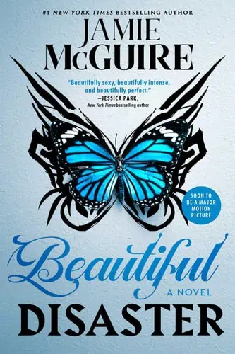 Vibrant blue butterfly with black accents, inspired by the cover of "Beautiful Disaster" novel.