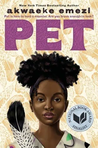 A lush, curly-haired woman with a feathered accessory, promoting the book "Pet" by Akwaeke Emezi.