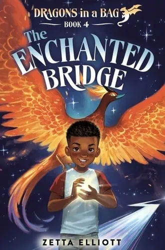 Illustration of a young boy with a glowing orb and a dragon in a fantasy night sky scene.