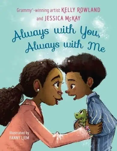 Always with You, Always with Me book cover featuring two children and a small green toy dinosaur.