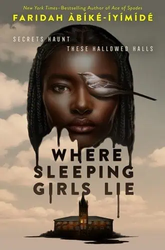 Dark-skinned girl with a feather in her eye, atmospheric background, book cover style.