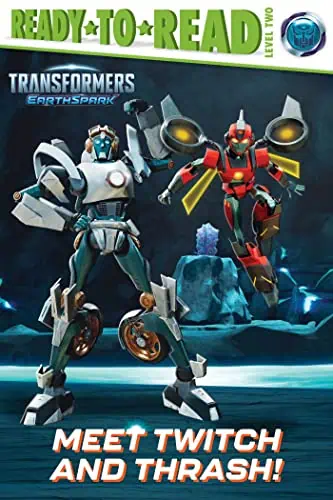 Transformers EarthSpark toys of Twitch and Thrash, Level 2, for kids' reading and play.