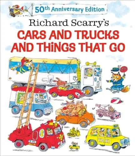 Colorful toy vehicles including fire trucks, taxis, and construction trucks.