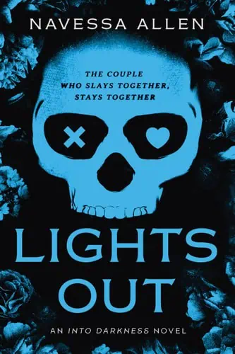 Dark-themed book cover featuring a blue skull with heart and cross eyes, surrounded by flowers.