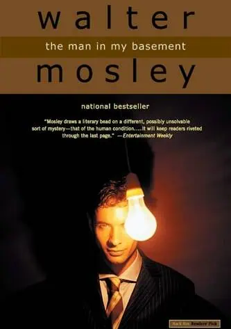 Cover of Walter Mosley's novel "The Man in My Basement" with a lit lightbulb and a man in a suit.
